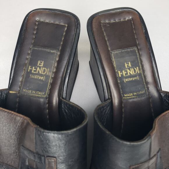 Fendi Platform Slides Sandals Logo Size 5 US Black Brown Vintage Made in Italy - Picture 4 of 15
